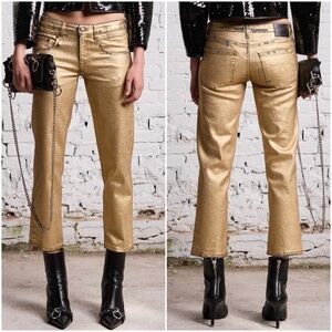 R13 Size 26/2 Gold Metallic Stretch Mid-Rise Ankle Cropped Jeans